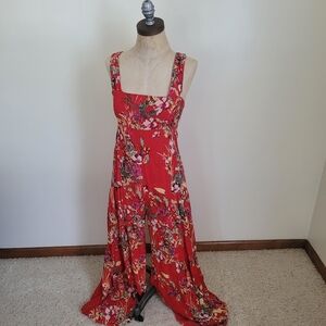 Free People FP One Red Floral Aloha One Piece Wide Leg Flare Jumpsuit XS